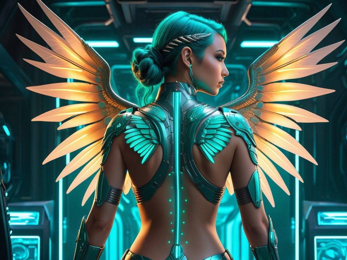 Futuristic figure with mechanical wings in high-tech setting