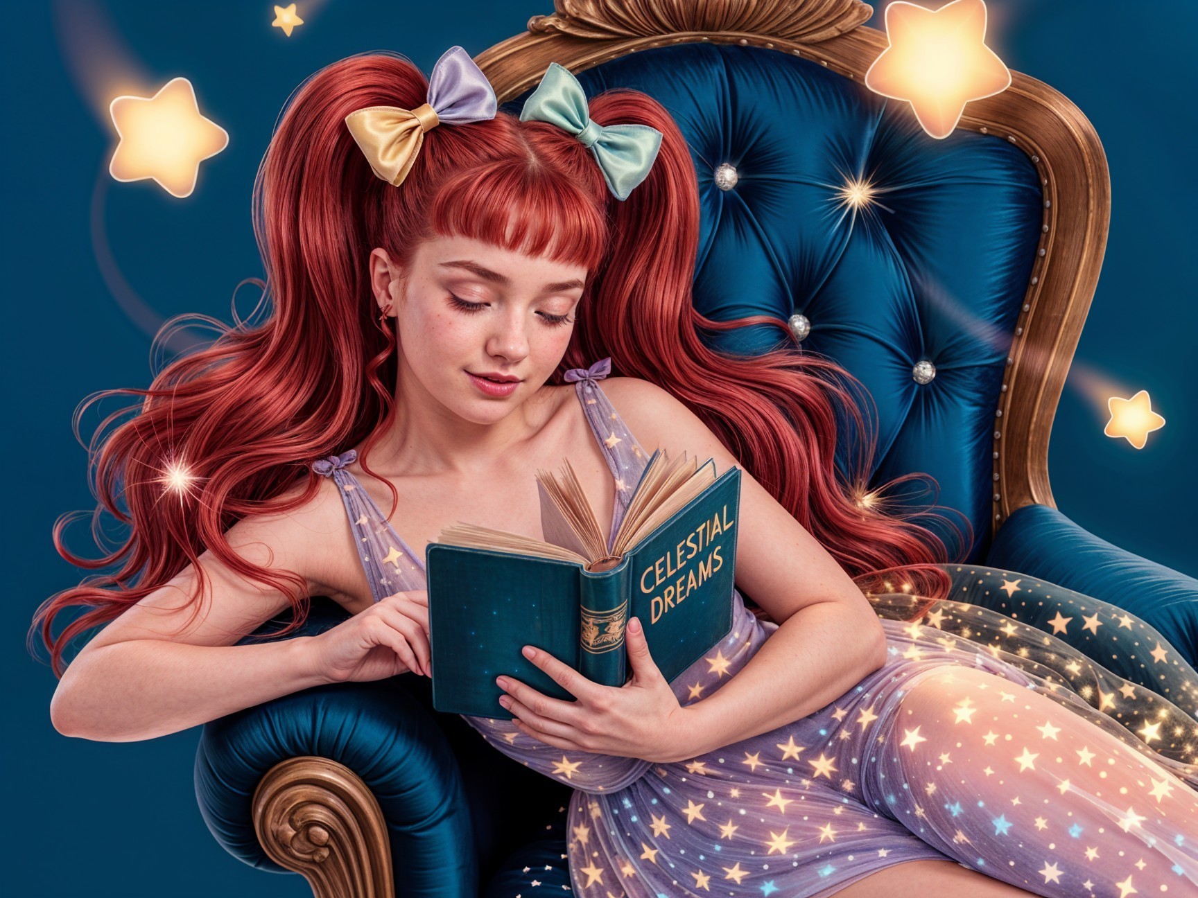 Girl with Red Hair in Blue Armchair Reading a Book