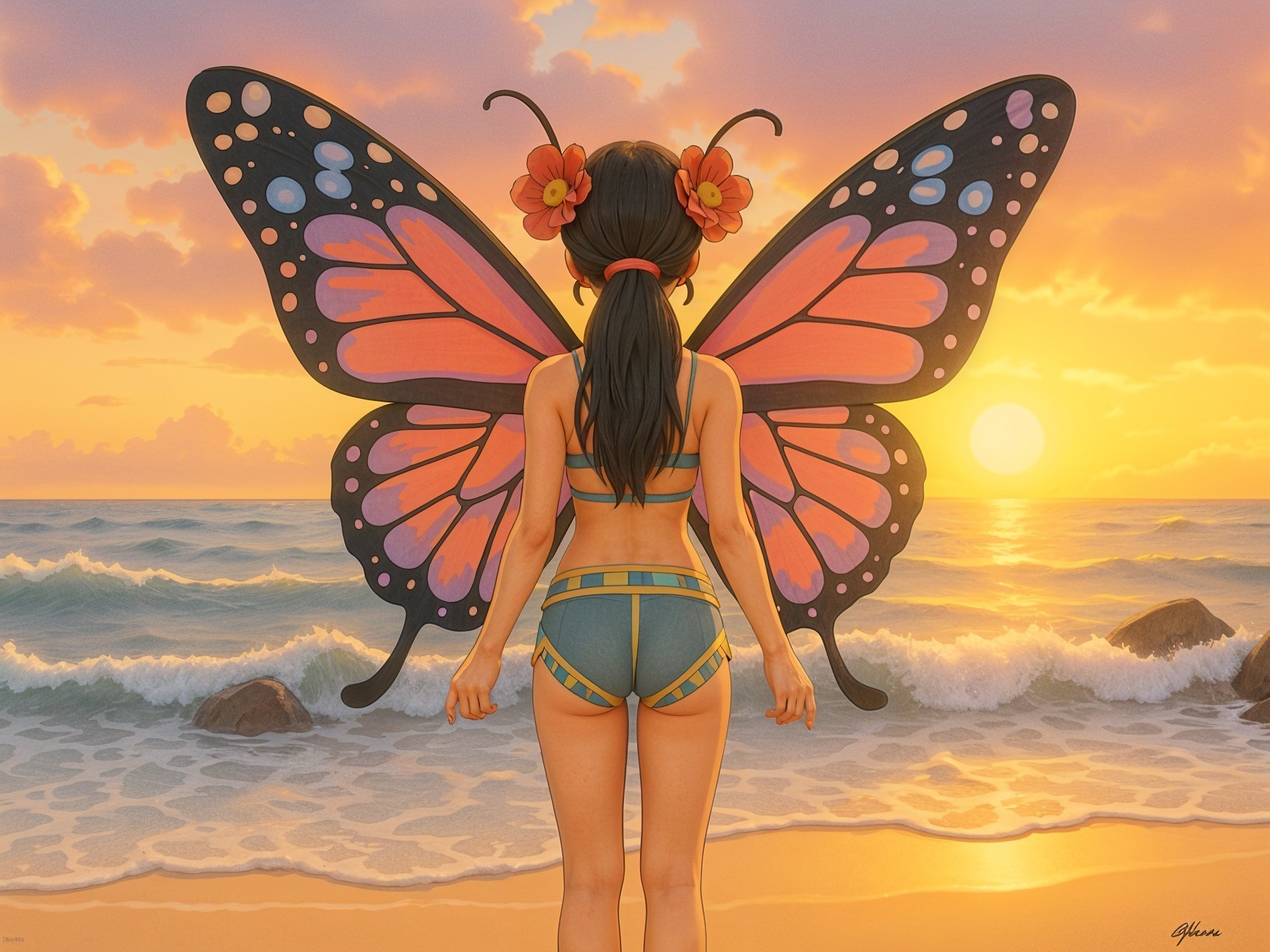 Young woman with butterfly wings at sunset shore