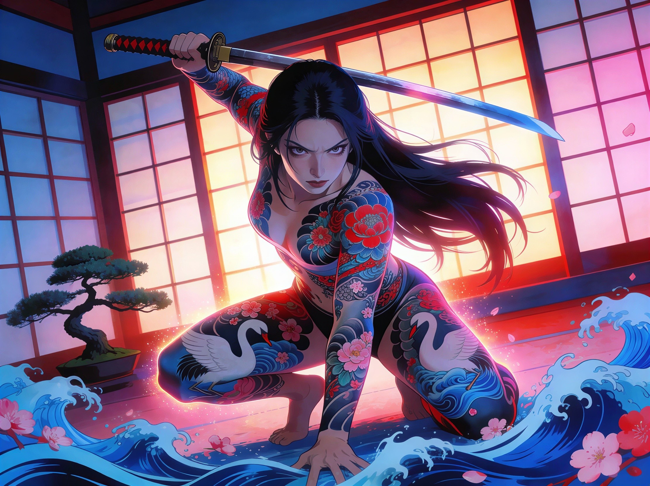 Tattooed Woman with Samurai Sword in Japanese Room
