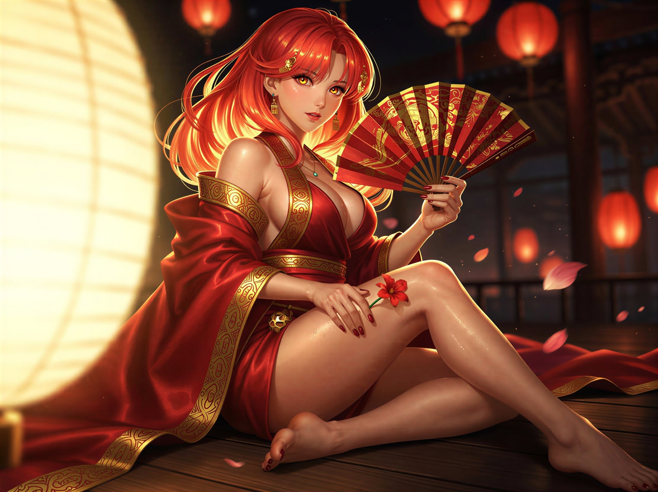 Japanese Woman in Red Kimono with Lanterns and Flowers