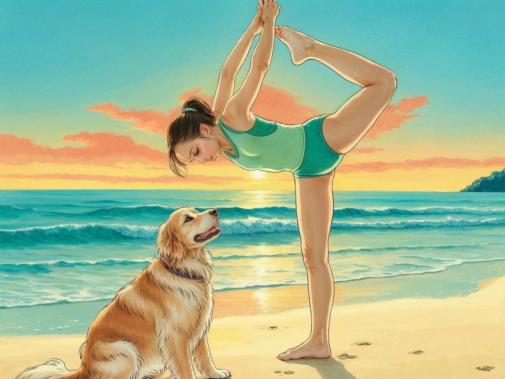 Yoga Practice at Sunset on the Beach with Dog