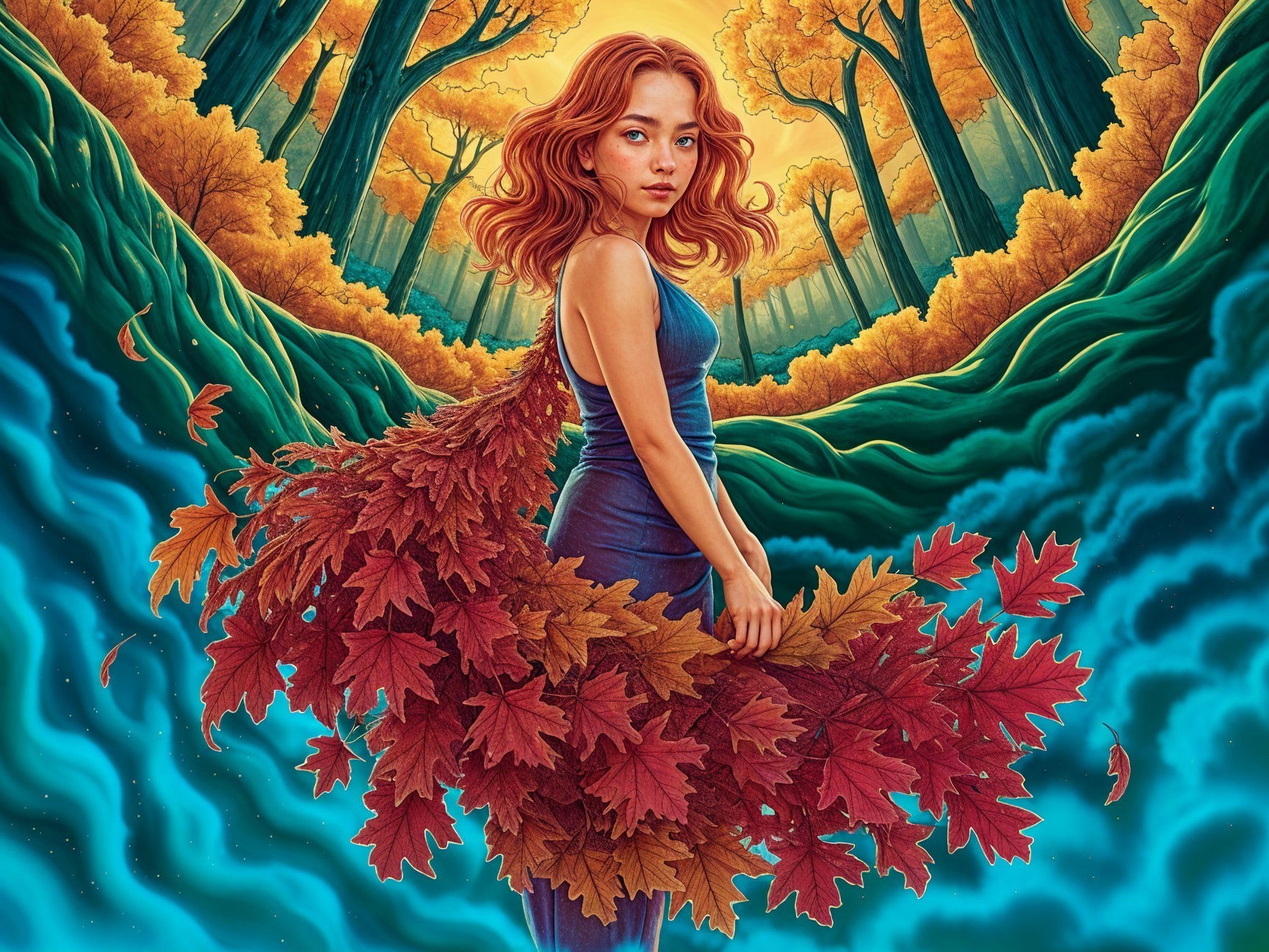 Young Woman in Vibrant Forest with Autumn Leaves