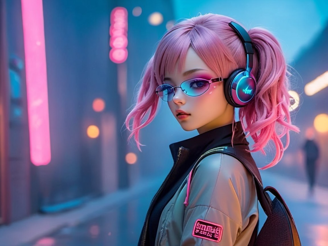 Stylish character with pink hair in neon urban setting