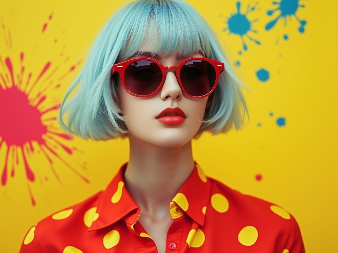 Pastel Blue Hair and Red Polka-Dot Shirt Fashion Look