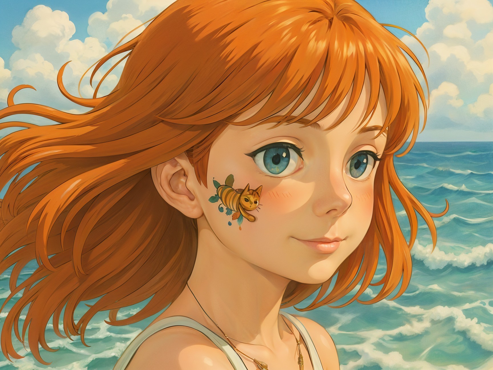 Young girl with orange hair and blue eyes by ocean