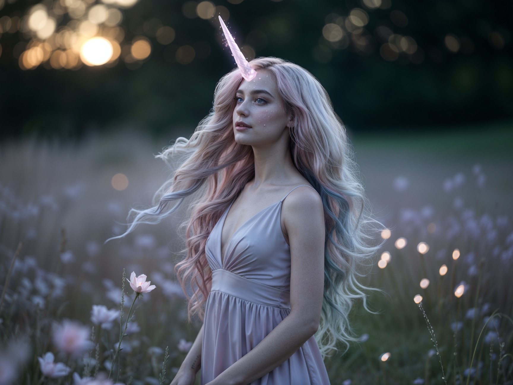 Dreamy Sunset Scene with Young Woman and Unicorn Horn