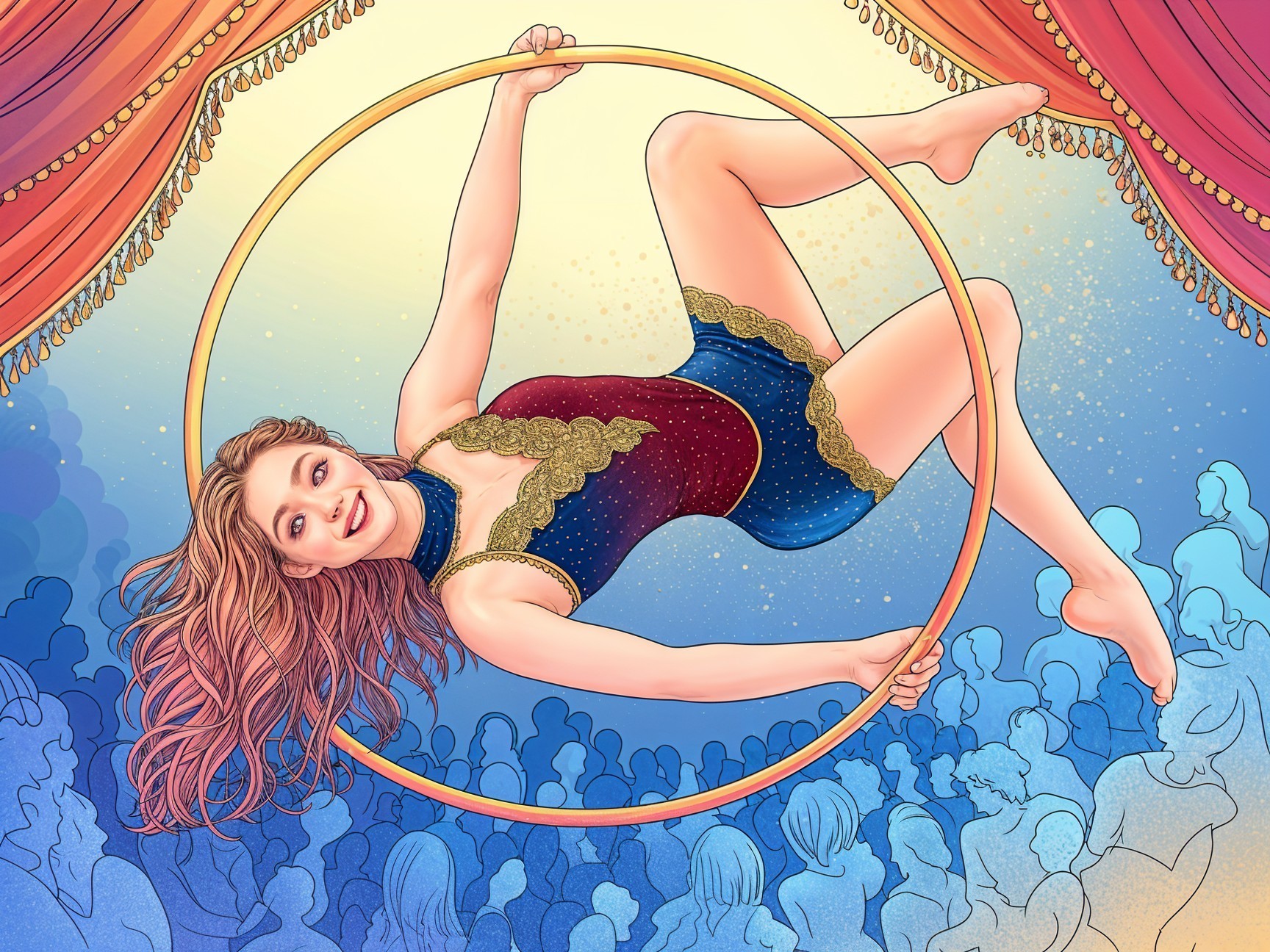 Aerial Performer in Hoop with Circus Backdrop
