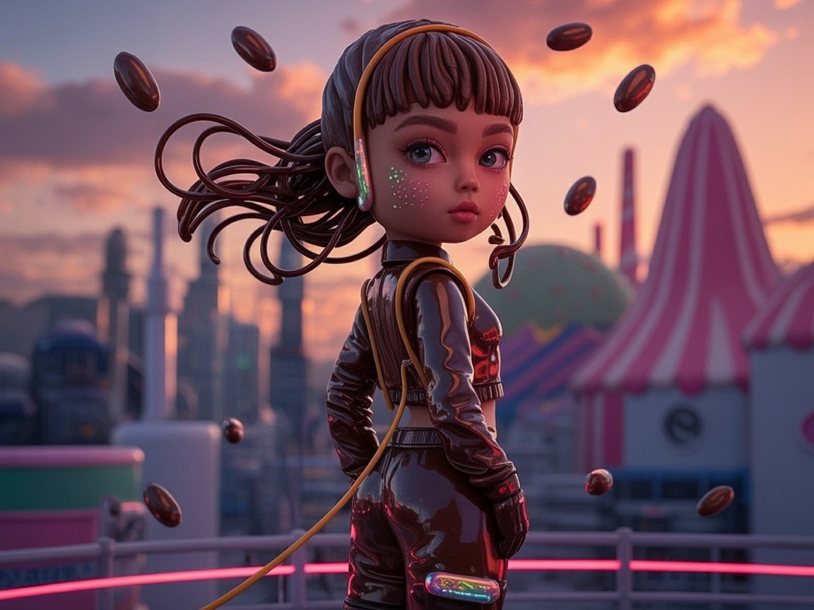 Futuristic Doll Against Vibrant Sunset in Amusement Park