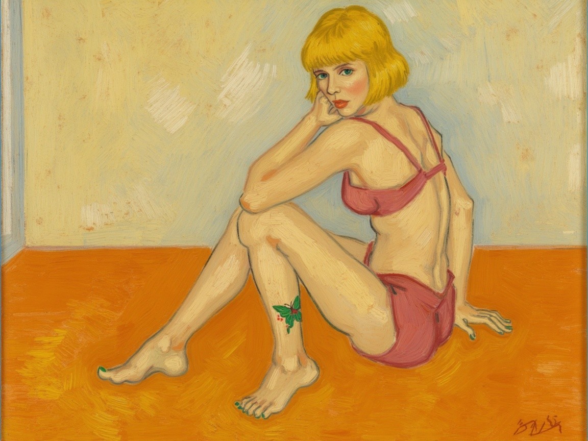 Young Woman in Red Lingerie Against Textured Wall