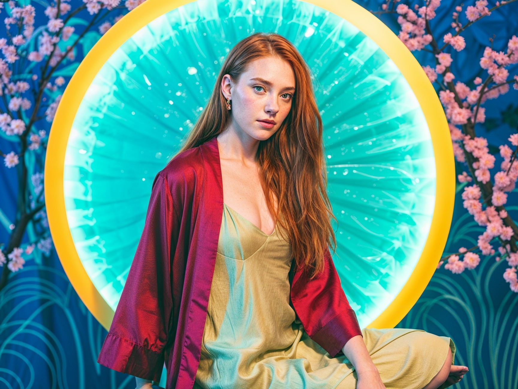 Young woman with red hair in a green dress and blossoms