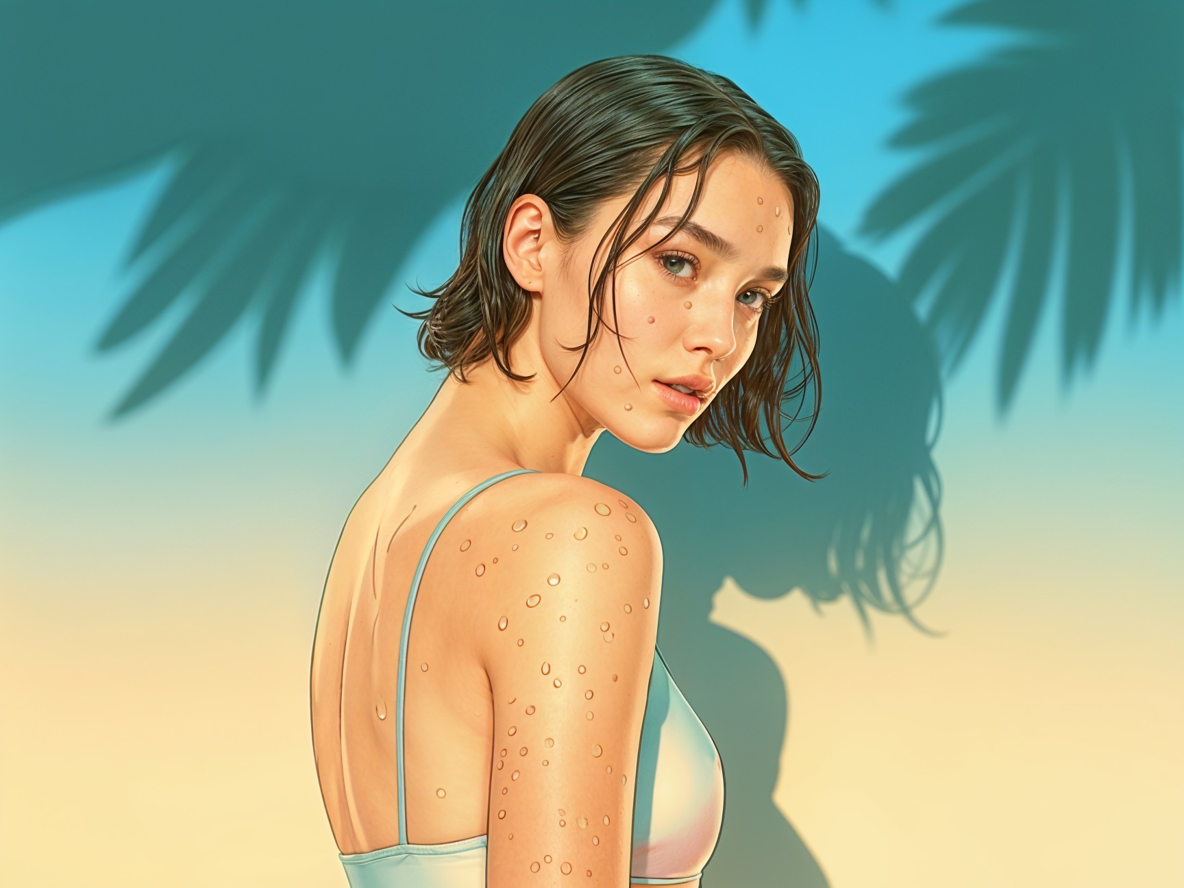 Contemplative Woman with Water Droplets in Tropical Setting