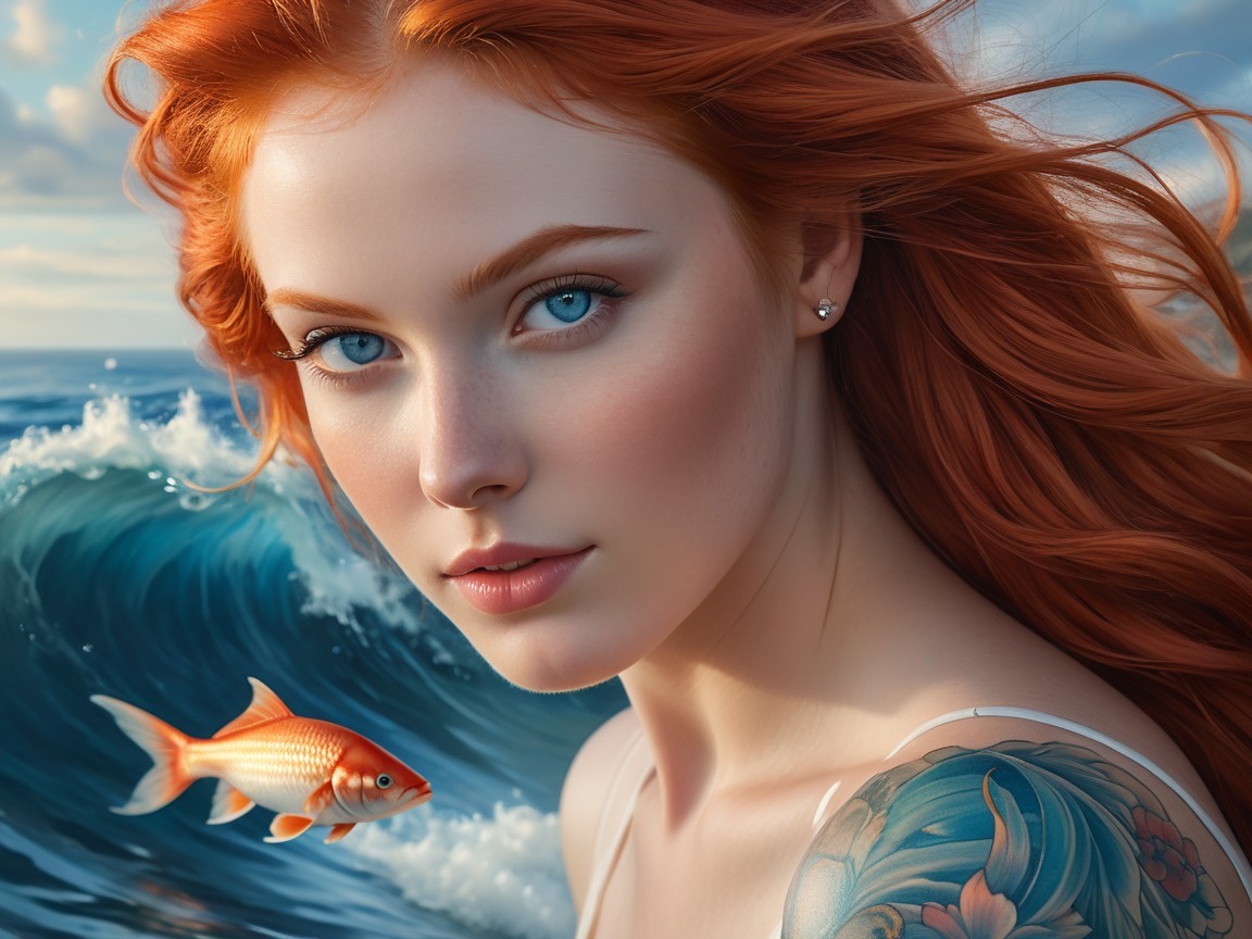 Portrait of a Woman with Red Hair and Ocean Waves