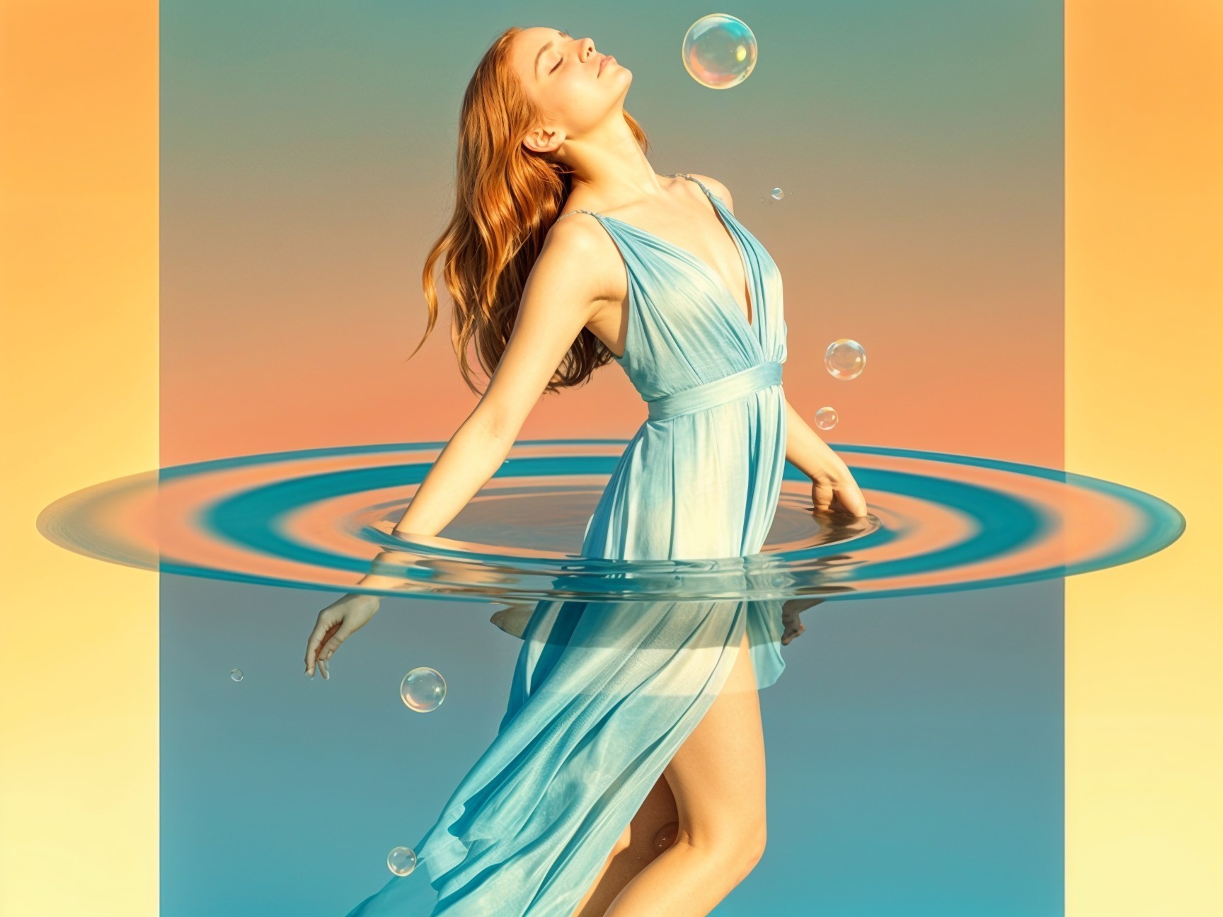 Young Woman in Blue Dress in Serene Water Scene