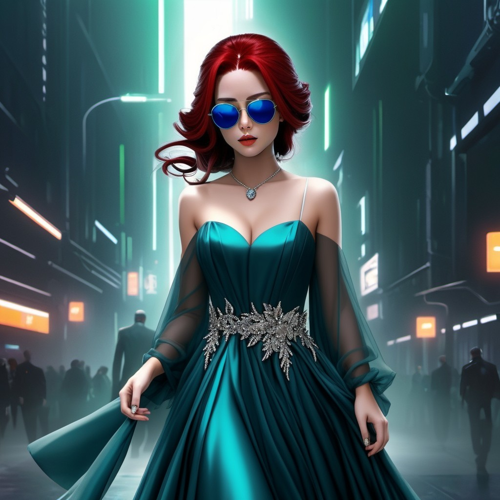 Woman in teal gown in futuristic city at night