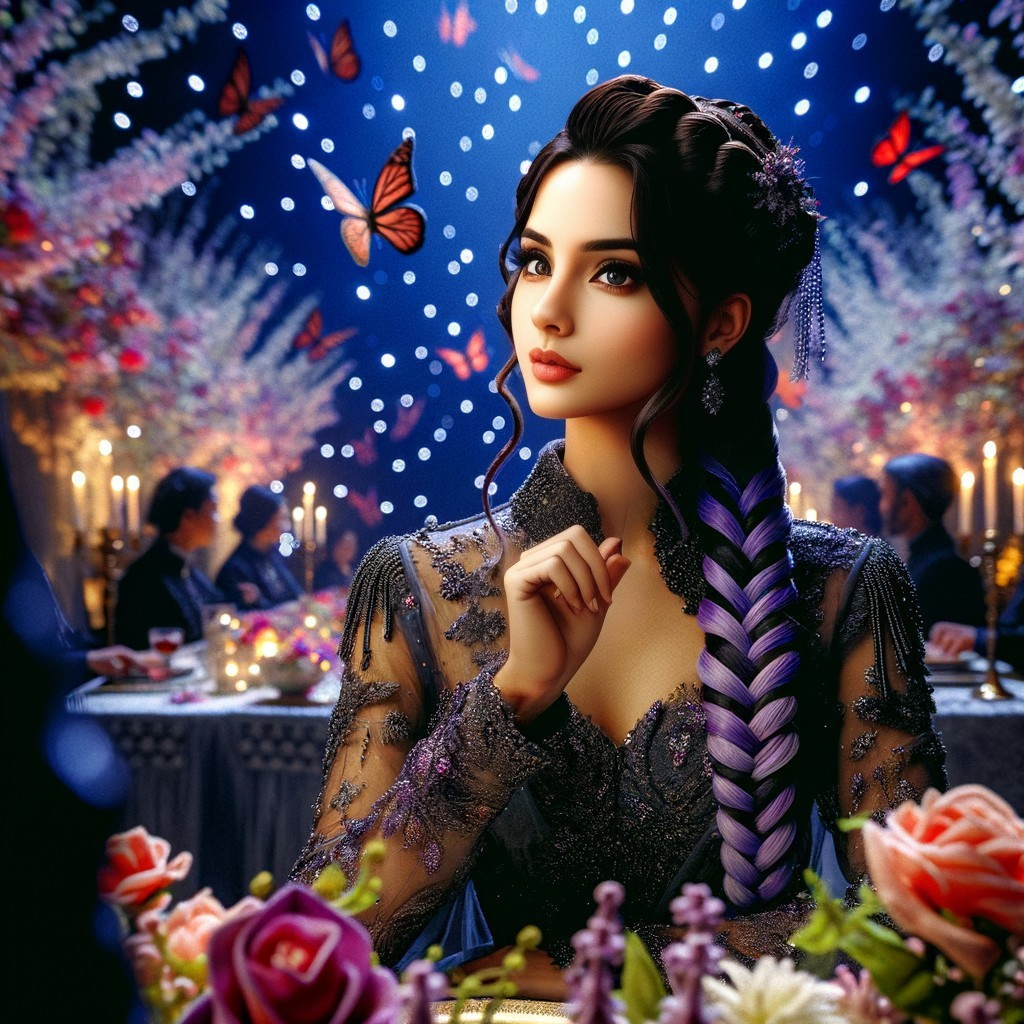 Elegant Dining Scene with Young Woman and Butterflies