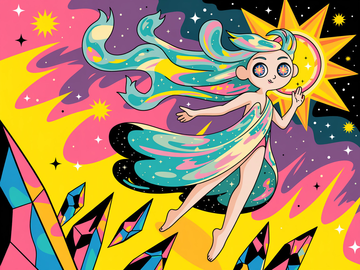 Colorful Cosmic Illustration with Glowing Figure