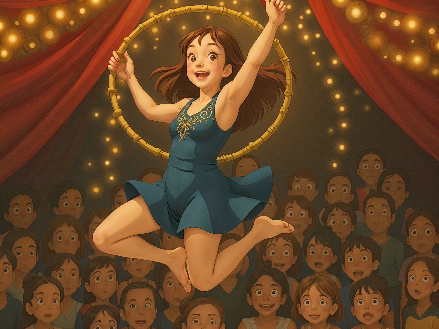 Young girl in blue dress leaps with hoop, joyful scene