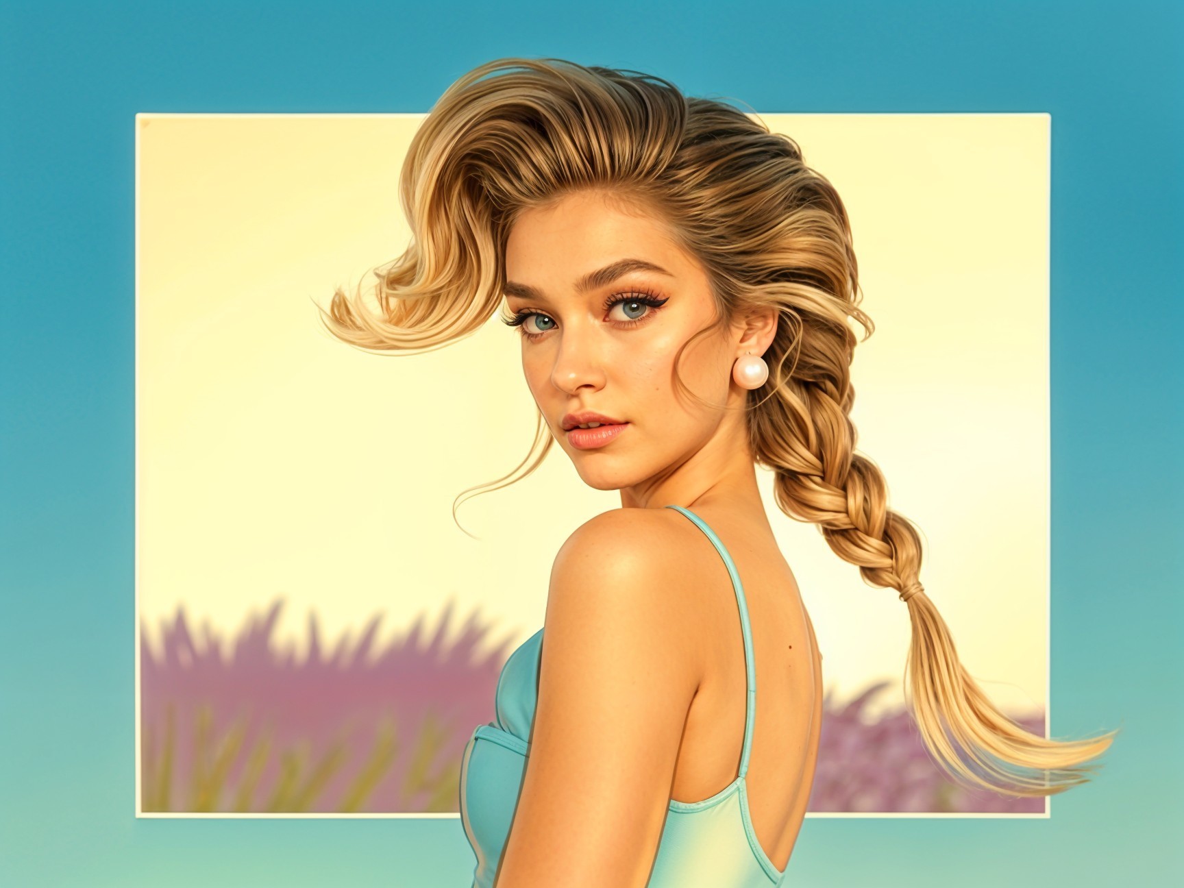 Young Woman Posing in Pastel Summer Setting