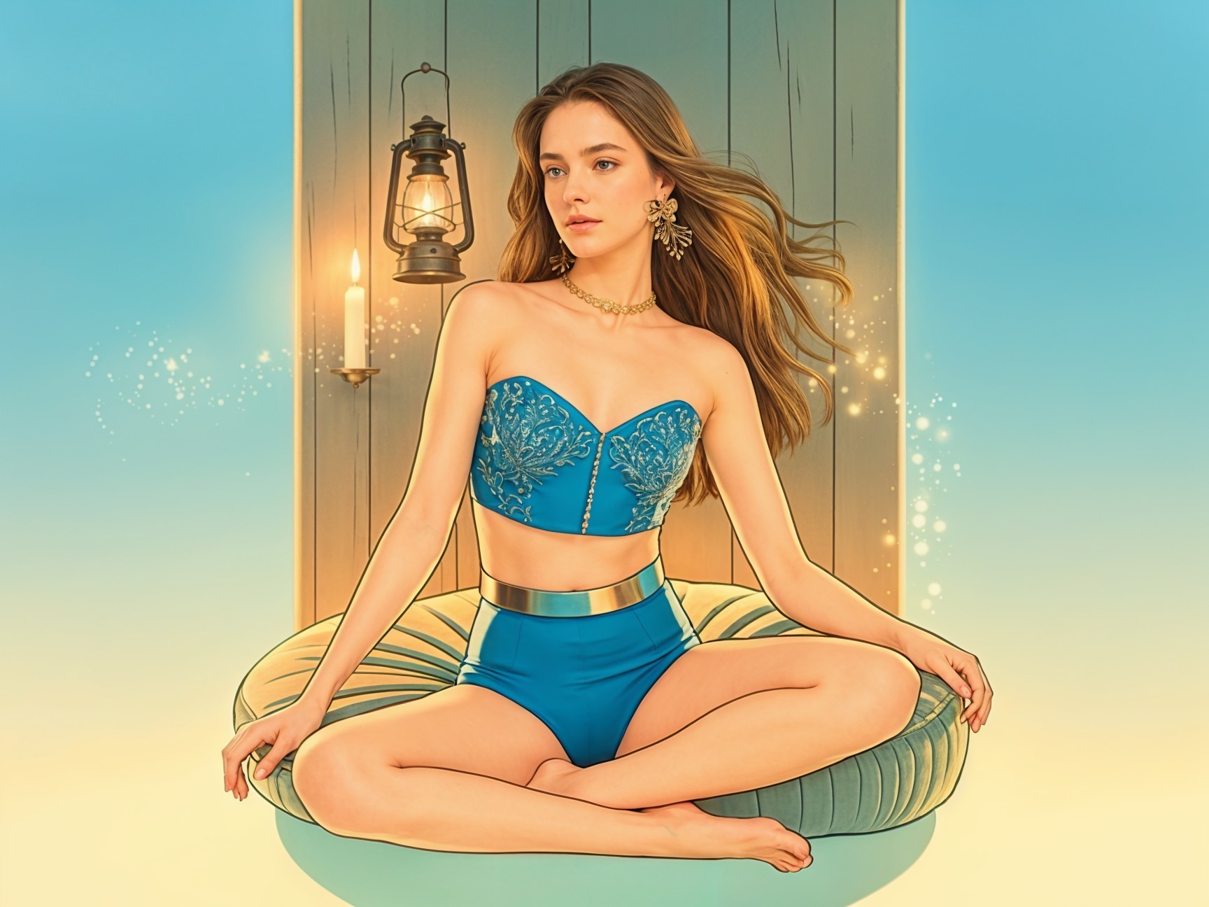 Young woman in blue swimsuit on round cushion