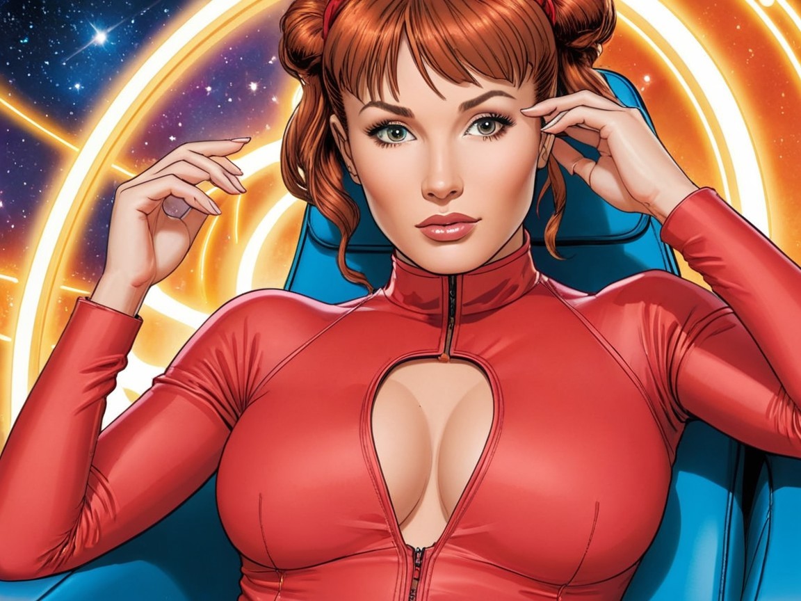 Illustration of a woman with red hair in cosmic setting