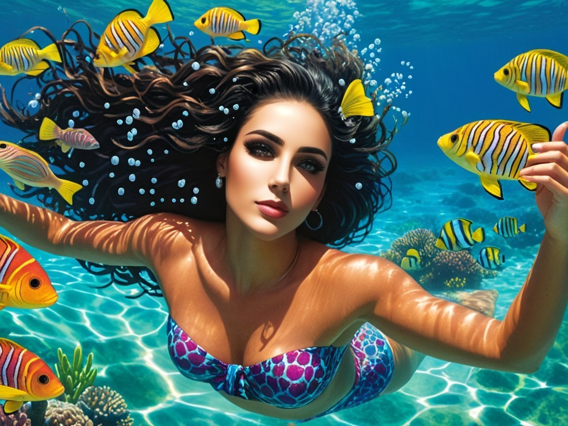 Underwater Scene with Woman and Tropical Fish