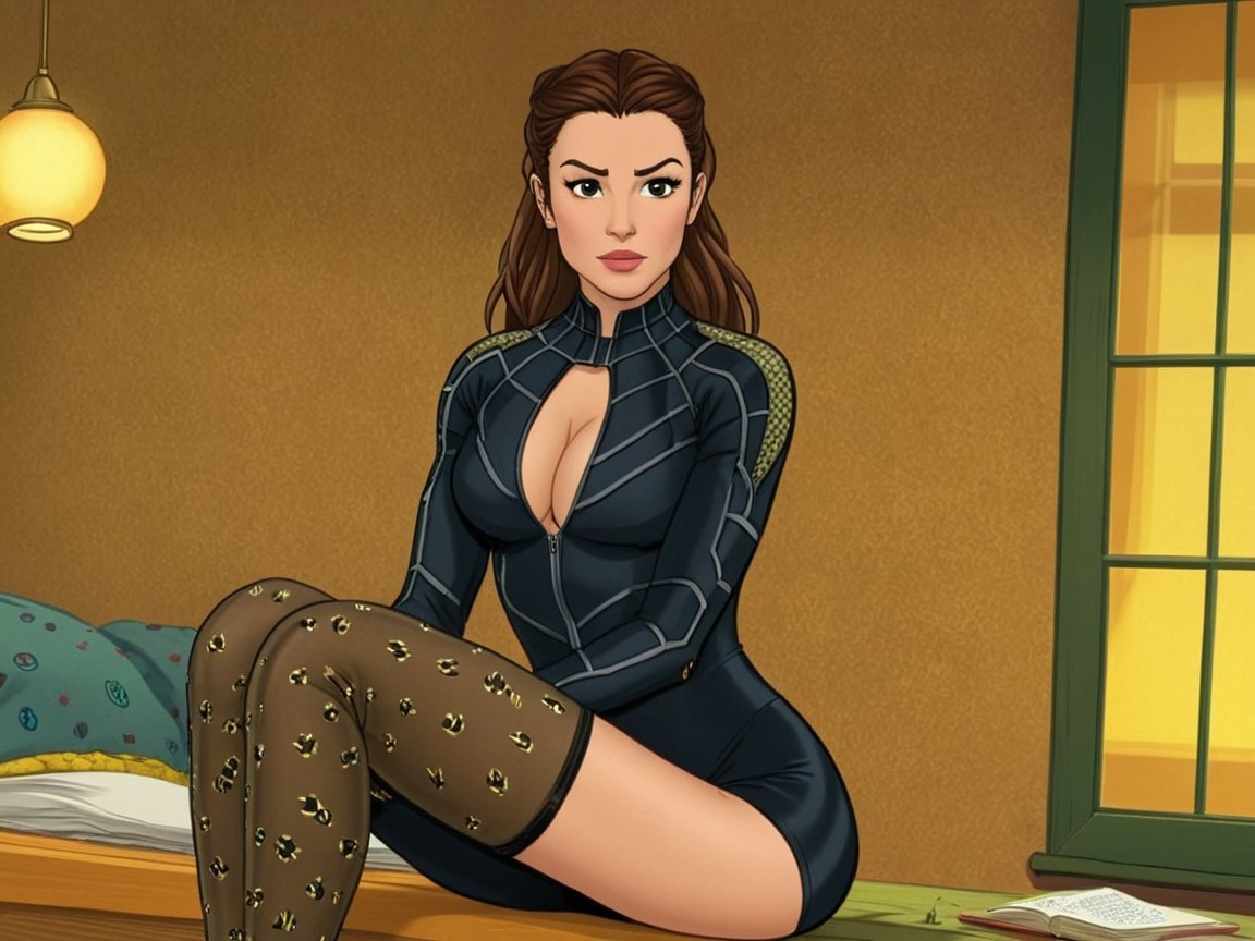 Fictional Female Character in Black Suit on Bed