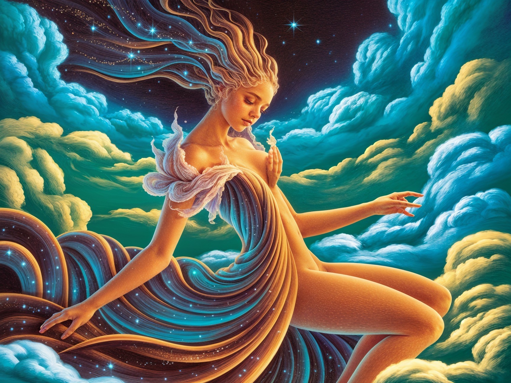 Celestial Figure in Gown Against Starry Background