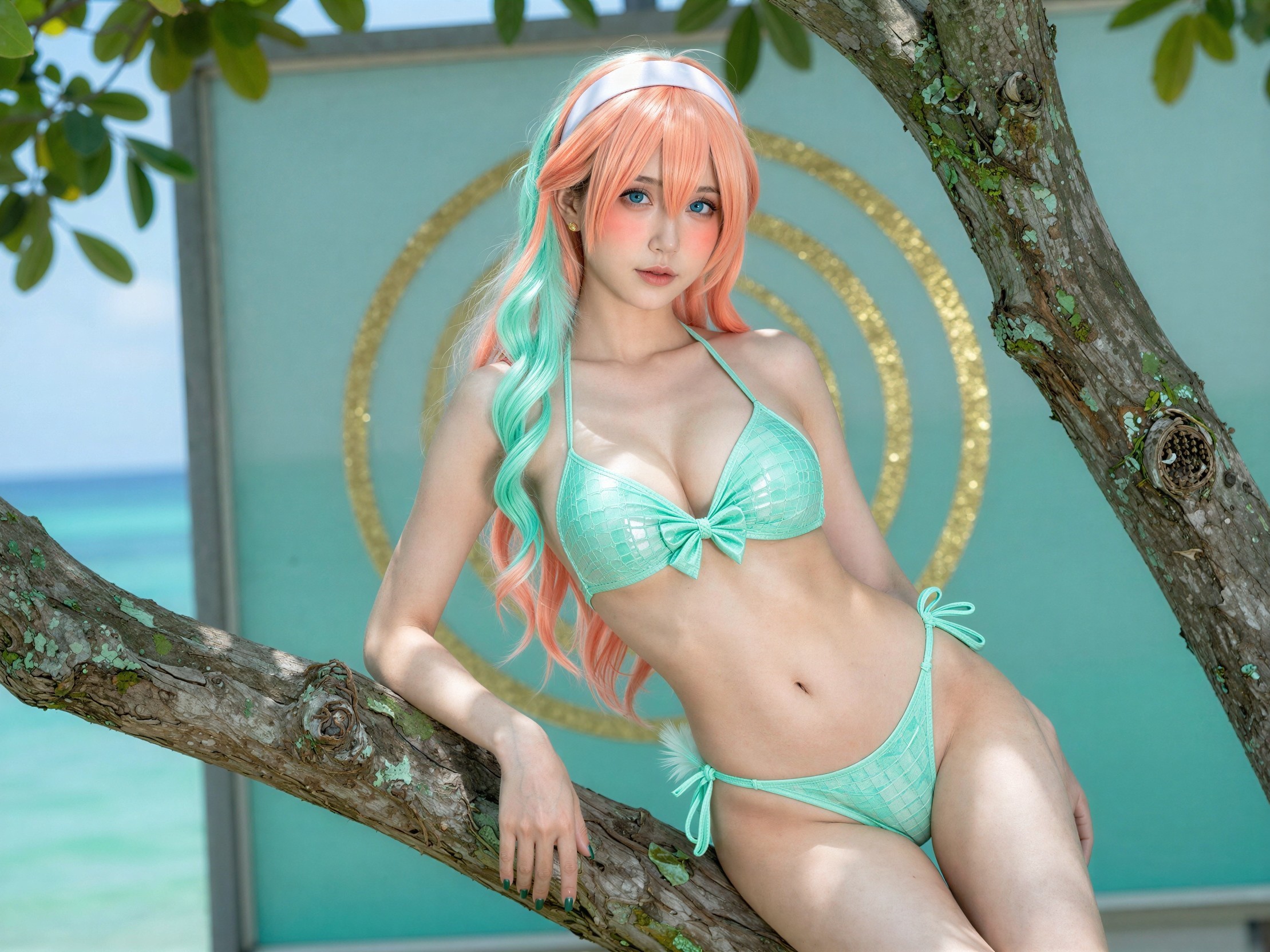 Lean Woman in Green Sequined Bikini by Tree Branch