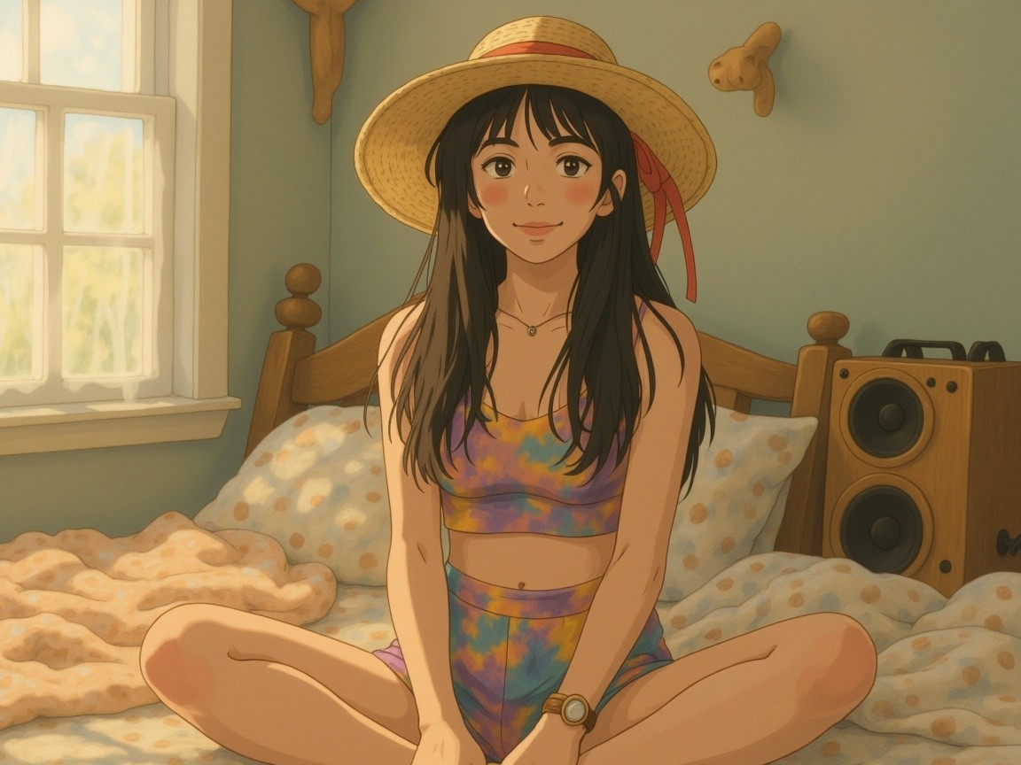 Cozy Bedroom Scene with Young Woman in Summer Attire