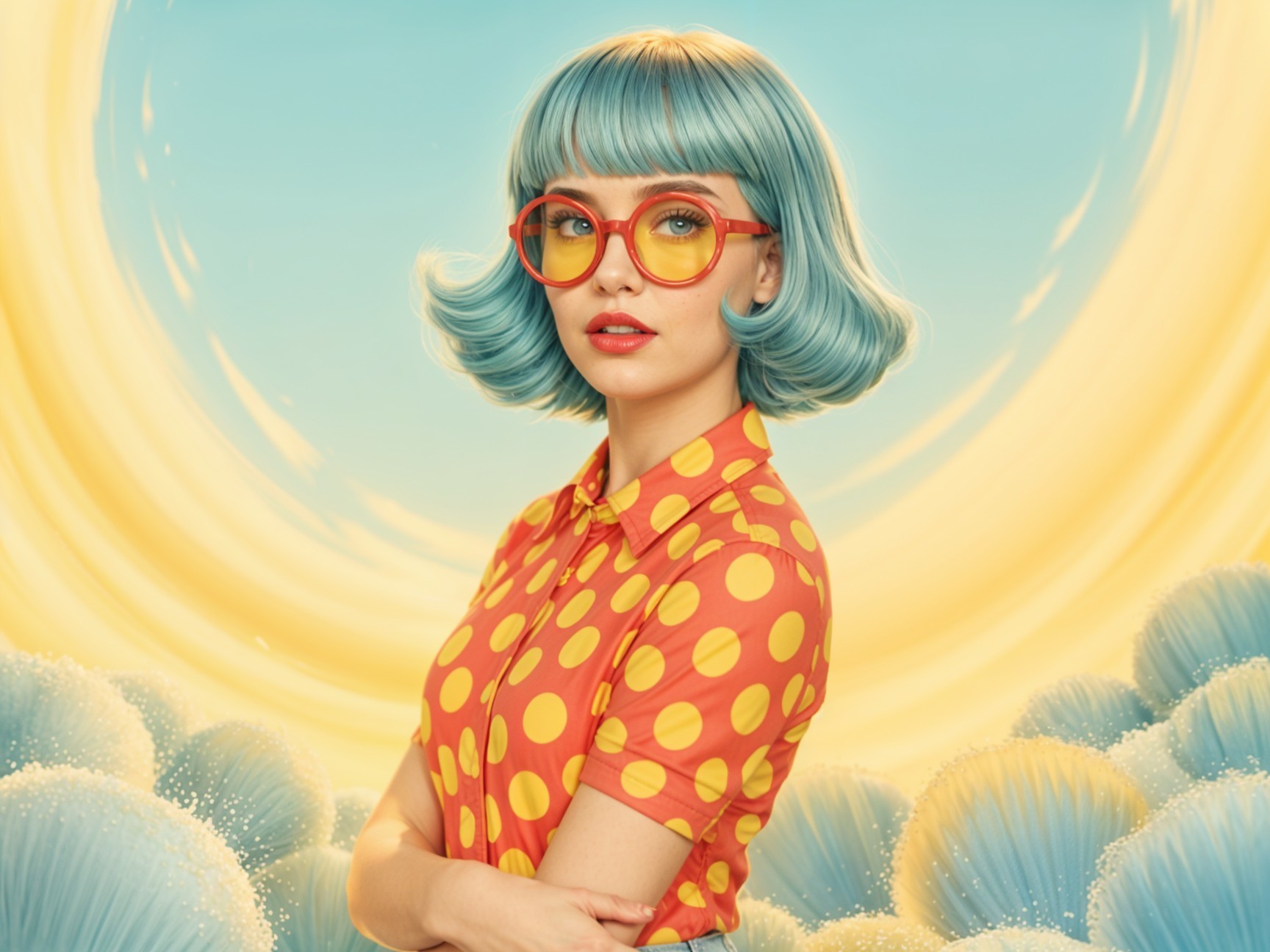 Young woman in playful bob with colorful attire