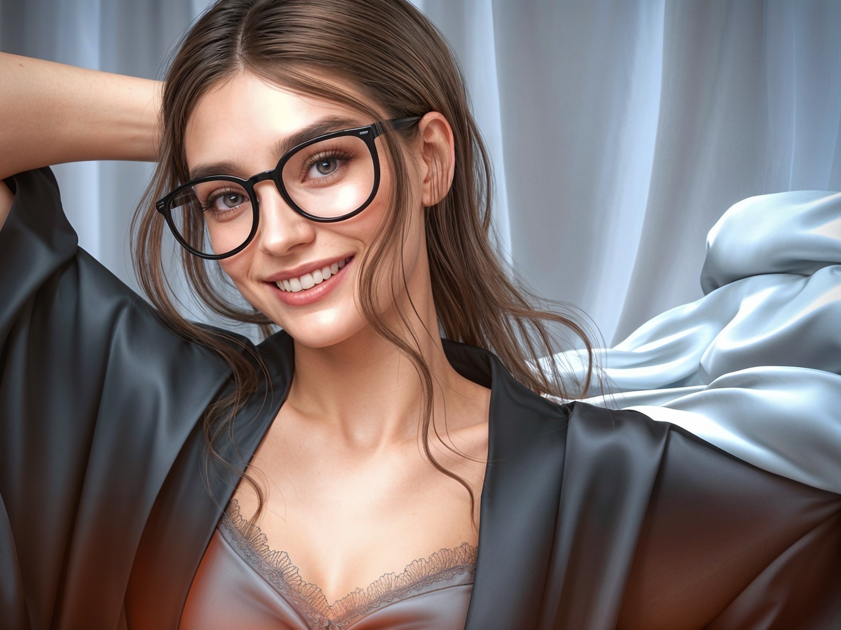 Young woman in silky robe with stylish glasses