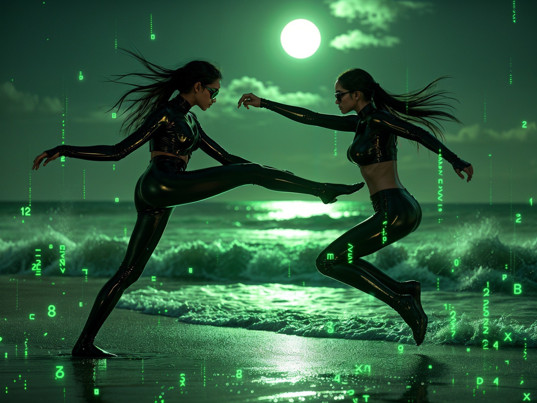Futuristic duel on a moonlit beach with neon code