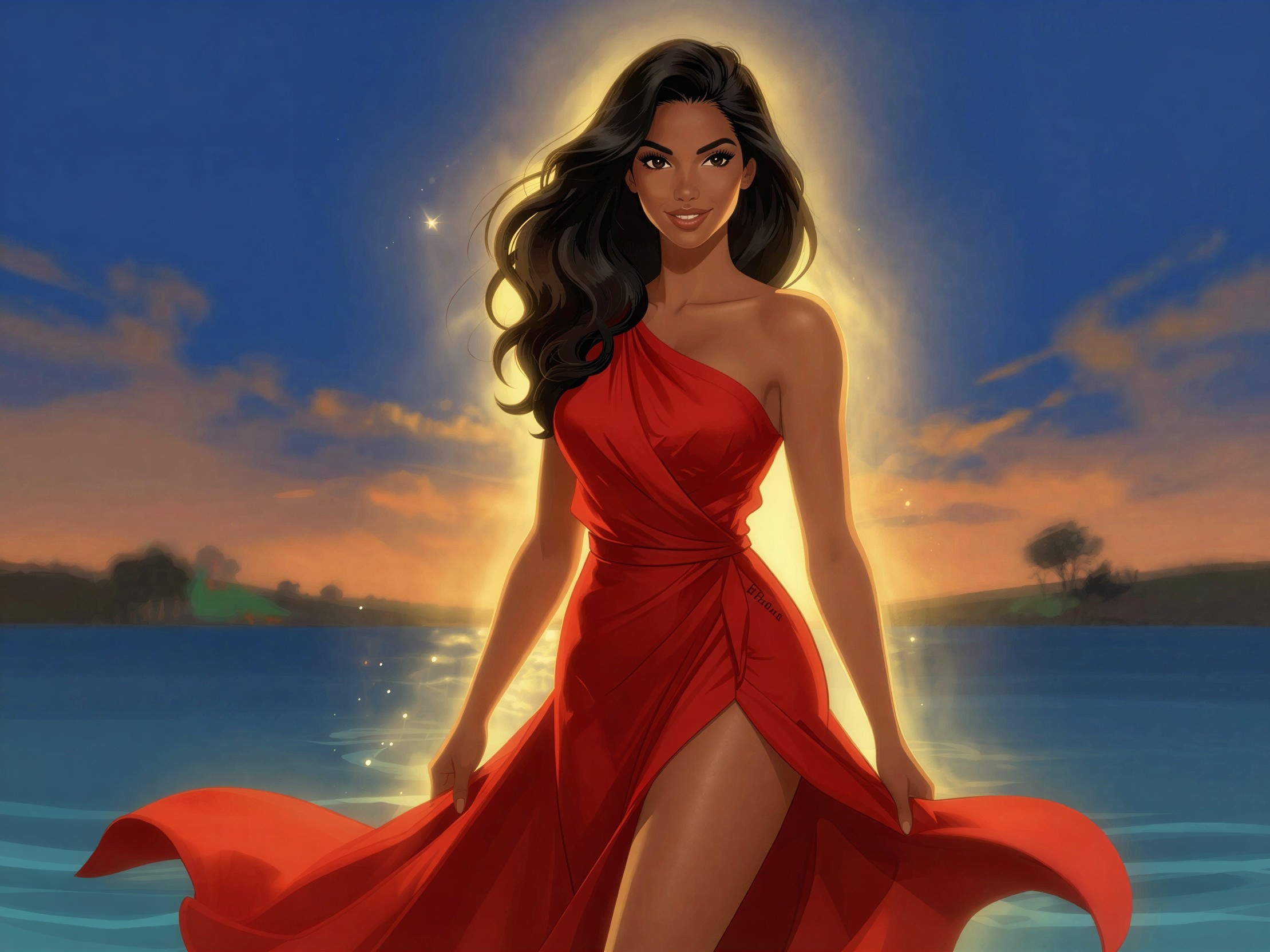 Dark-skinned woman in red dress by sunset water