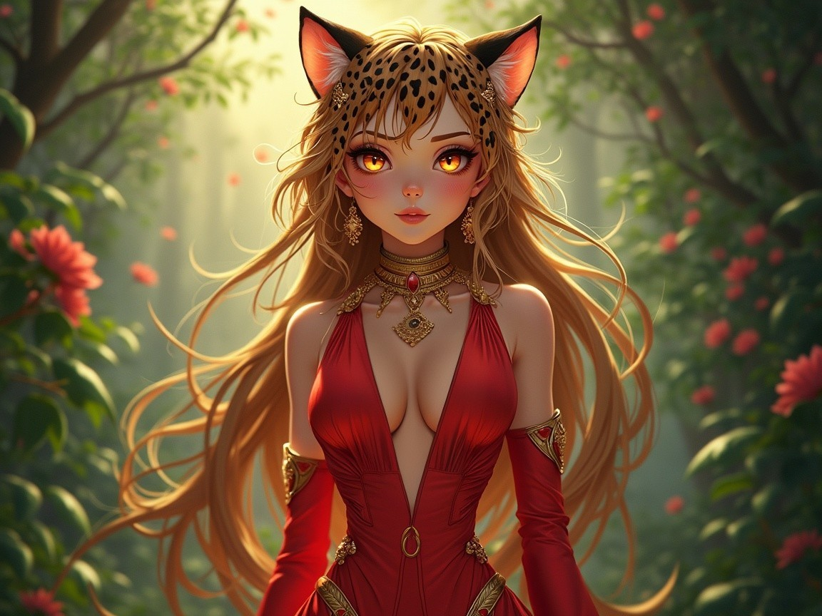 Mystical figure in red gown in vibrant forest setting