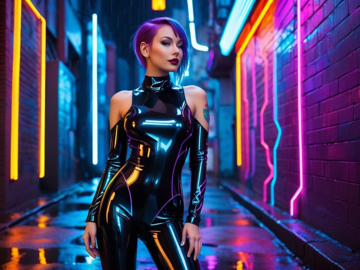 Futuristic Cyberpunk Figure in Neon Alleyway