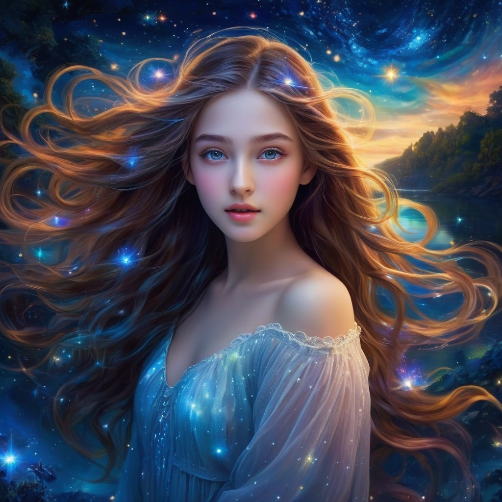 Young woman in ethereal dress against cosmic backdrop