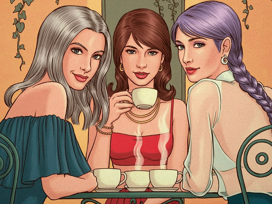 Stylish Women Enjoying Tea at a Café Table