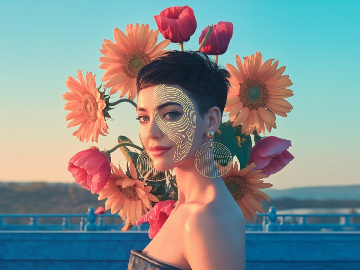 Woman with Dark Hair in Floral Background