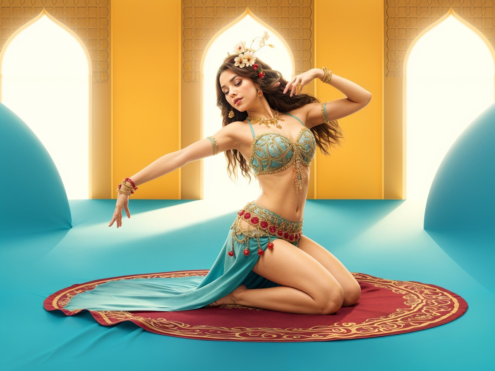 Elegant dancer in intricate costume on patterned rug