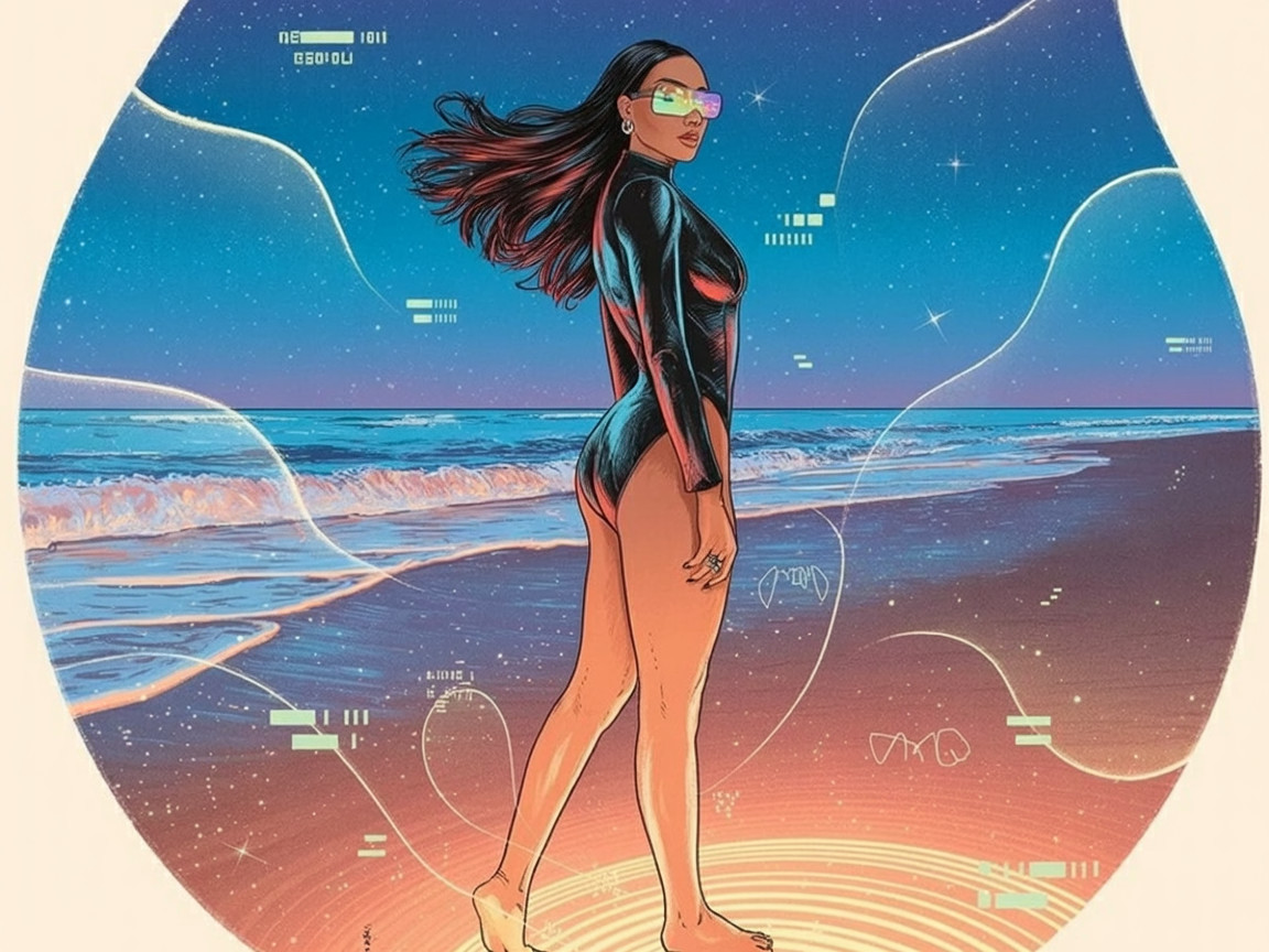 Stylish Figure in Black Swimsuit at Sunset Beach
