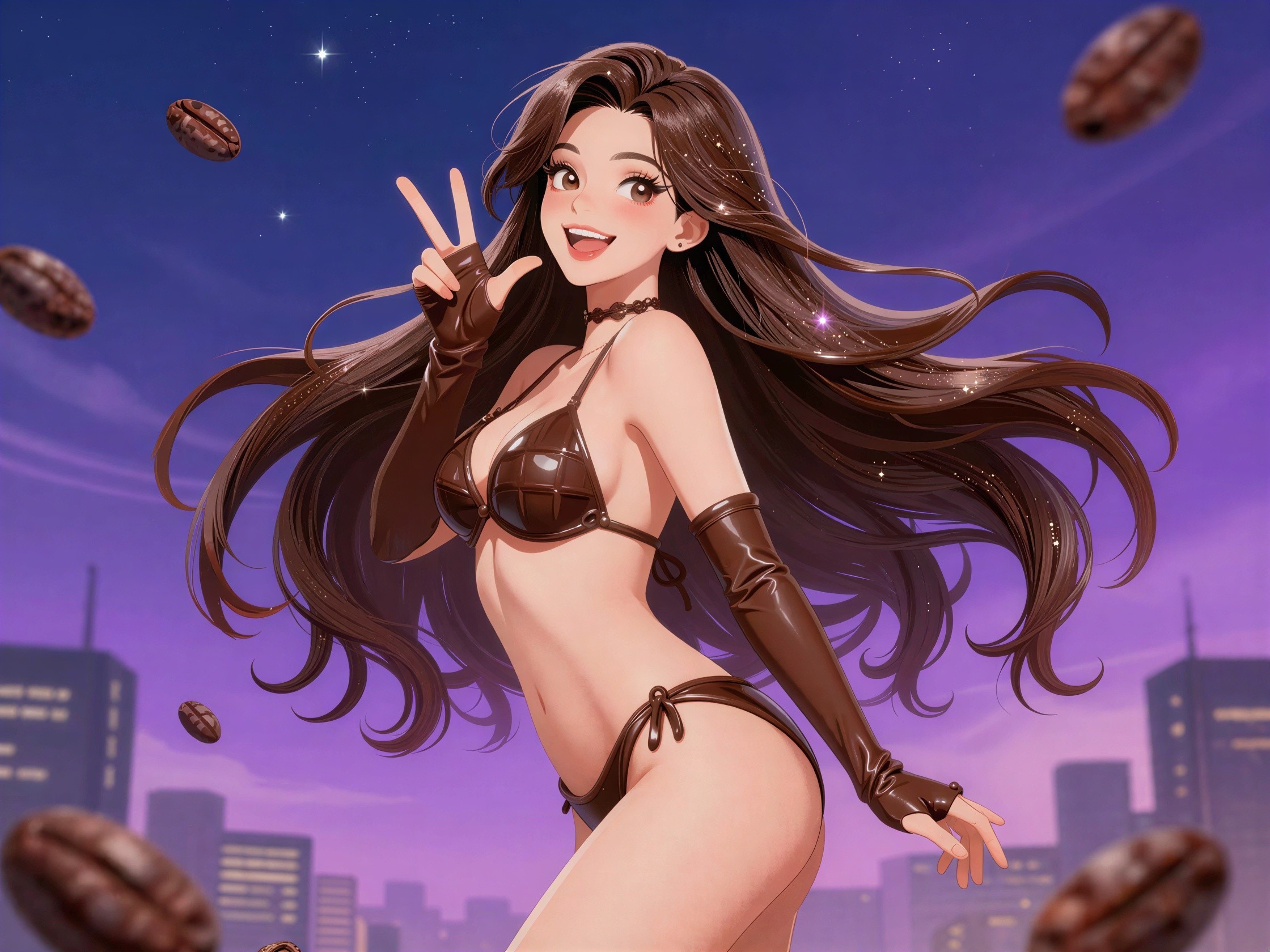 Anime-style illustration of woman with coffee beans