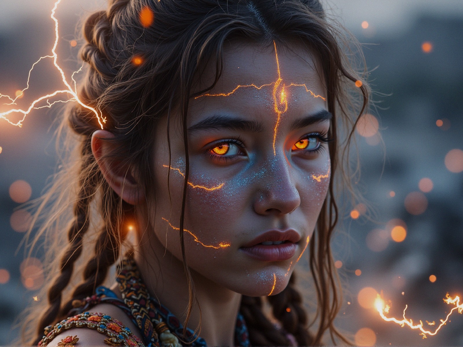 Young woman with orange eyes and mystical features