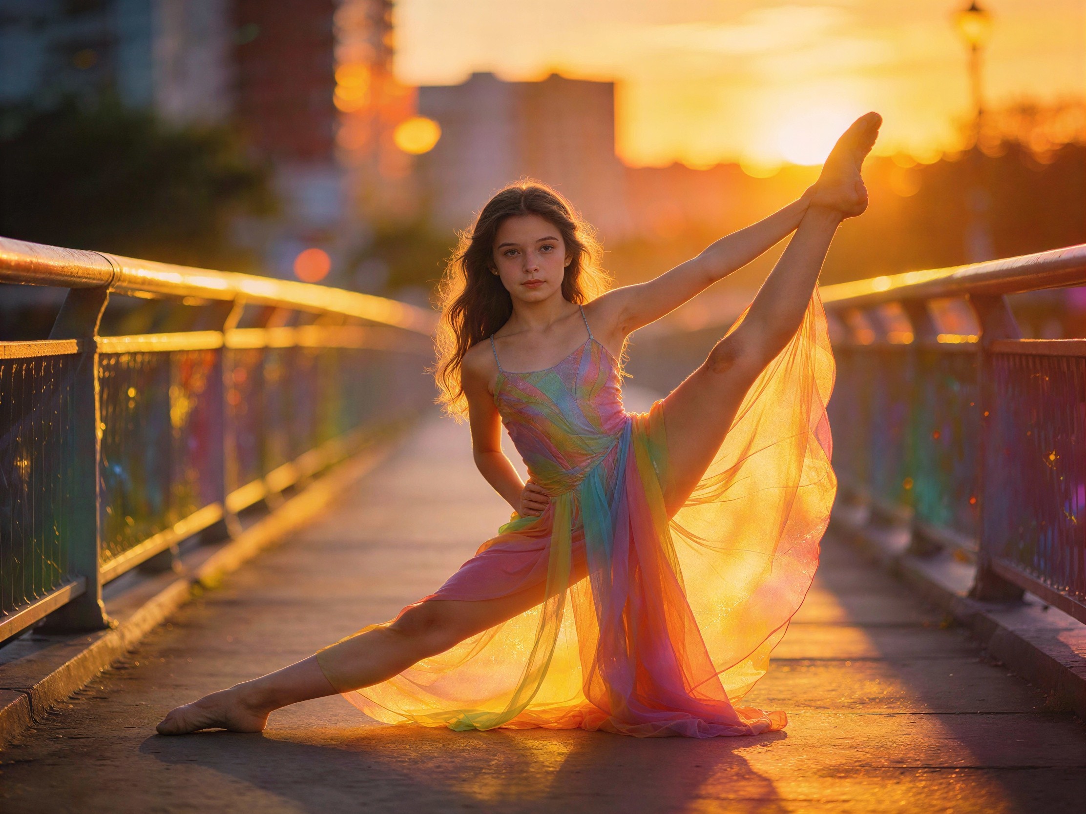 Portrait of a girl in rainbow ballet dress on bridge