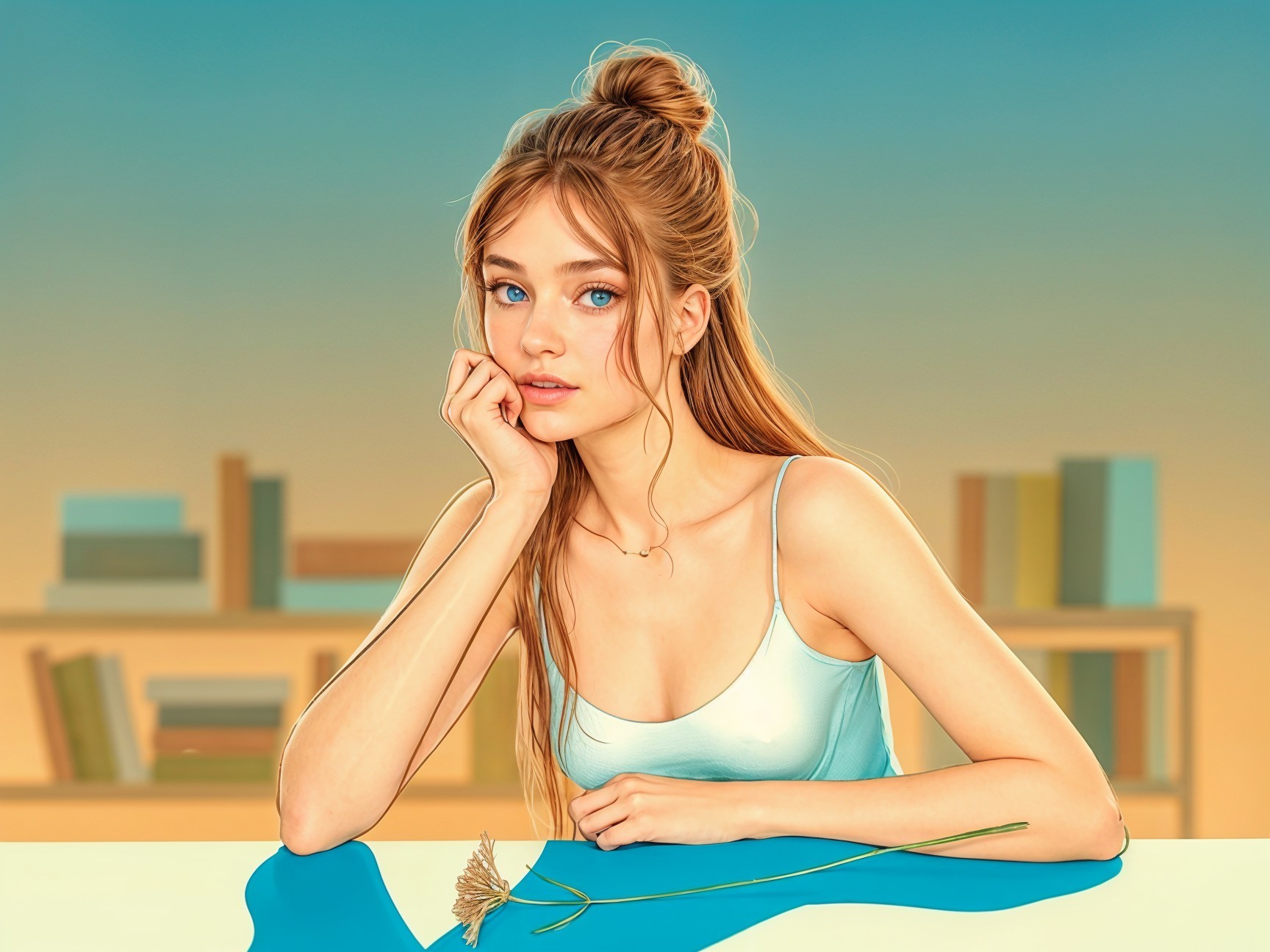 Thoughtful Young Woman at Table with Flower and Books