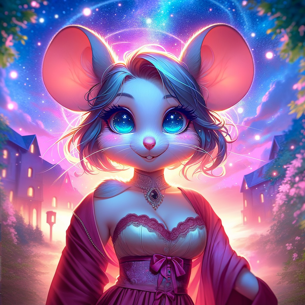 Whimsical Mouse Character in Dreamy Starry Setting