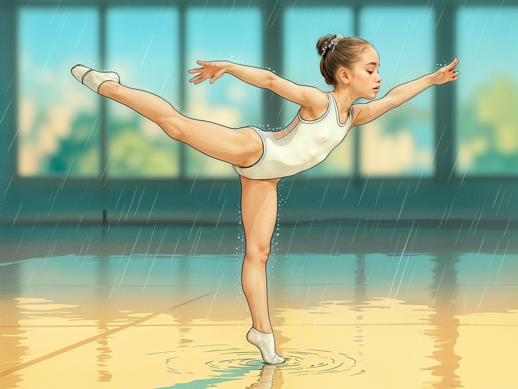 Young Girl in Ballet Pose Amid Raindrops in Gymnasium