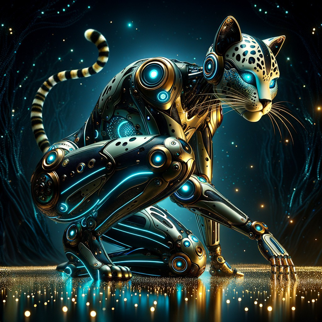Futuristic Cat-Like Robot in a Mystical Forest Setting