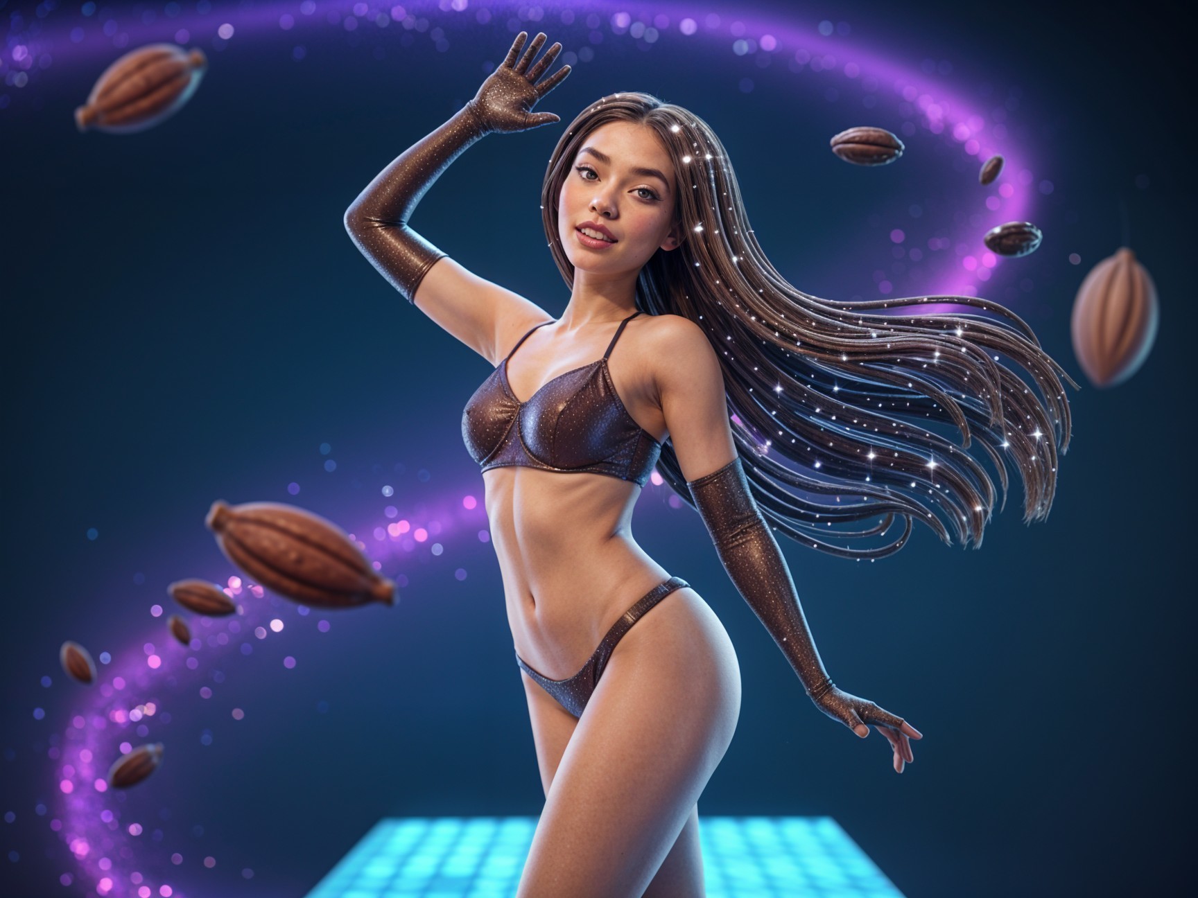 Confident Figure in Shimmering Lingerie Against Blue