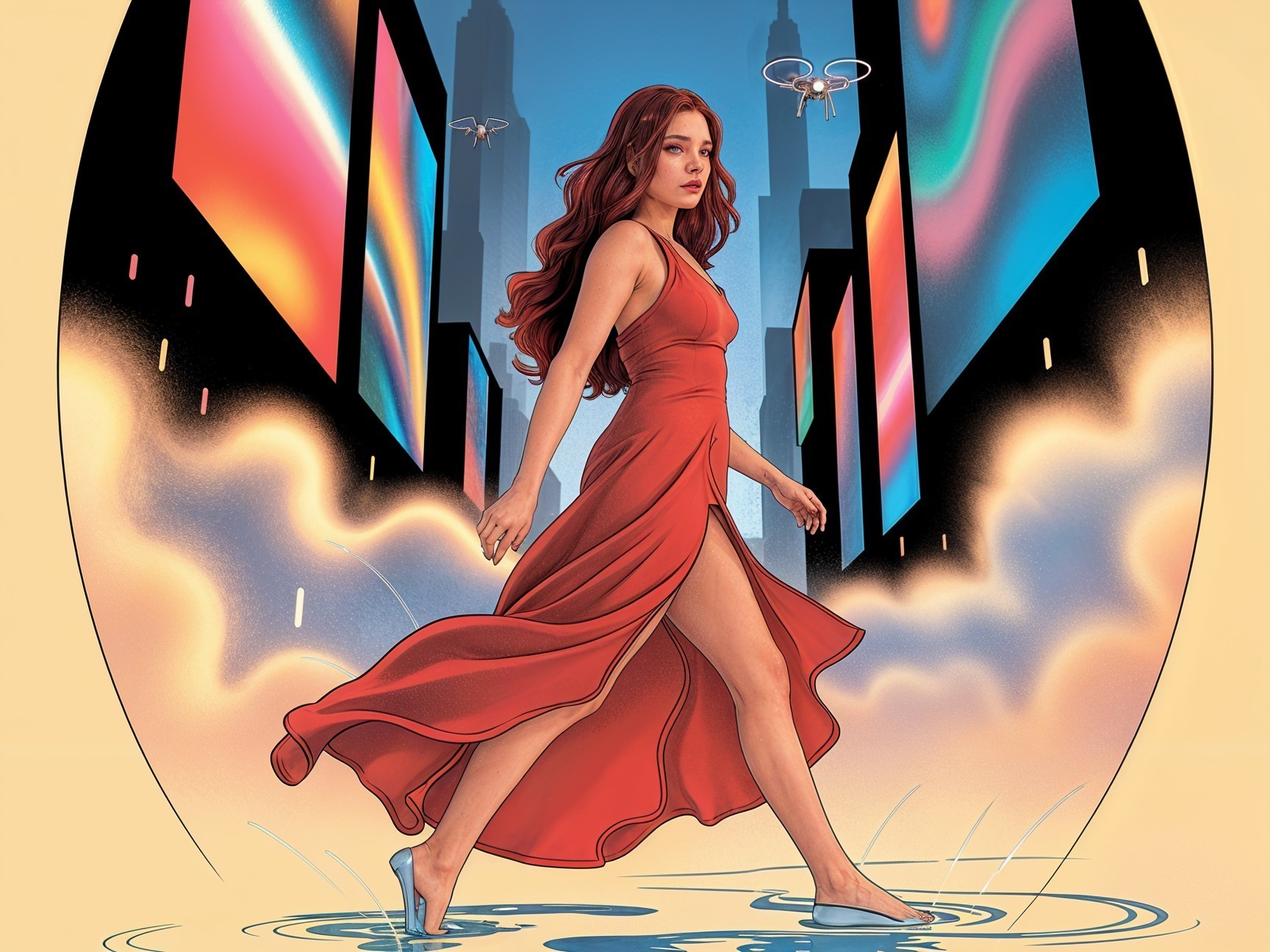 Woman in Red Dress in Futuristic Cityscape